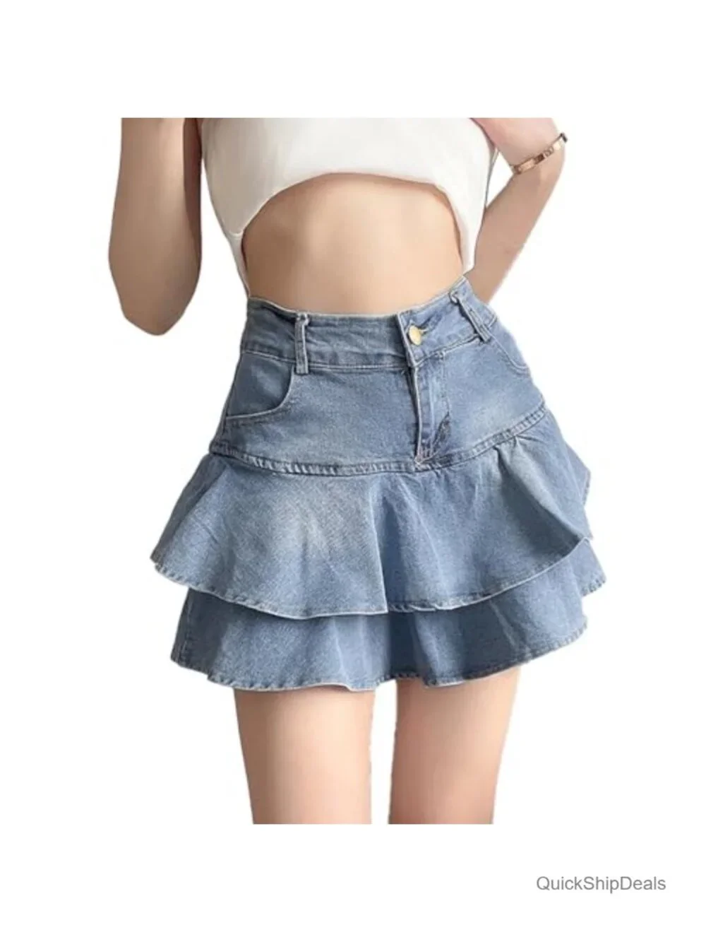 High Waisted A-Line Denim Mini Skirt with Safety Shorts Lining Ruffled Hem